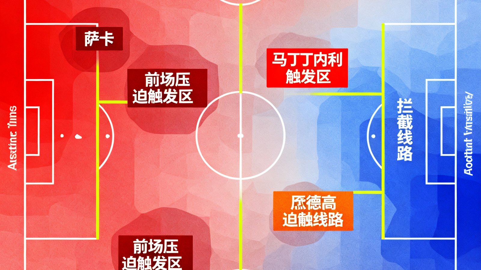 阿森纳2024赛季高位压迫体系的全场覆盖热力图，展示了萨卡和马丁内利在前场的压迫触发区域以及厄德高的拦截线路