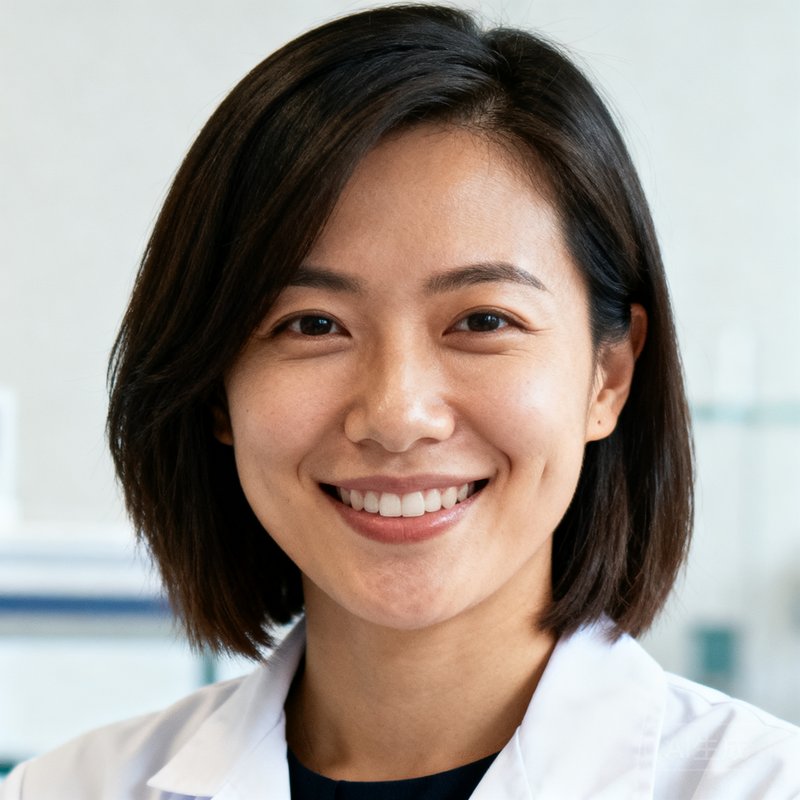 MK体育数据科学总监林晓薇的正面肖像，她留着齐肩短发，微笑着看向镜头，身穿白色实验室外套